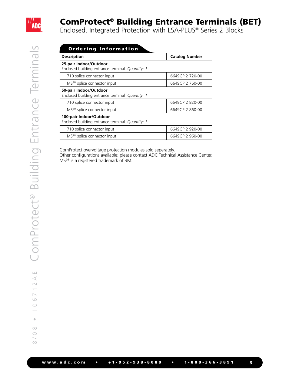 Compr otect, Building entrance terminals, Comprotect | Building entrance terminals (bet, Enclosed, integrated protection with lsa-plus, Series 2 blocks | ADC ComProtect Building Entrance Terminals (BET) User Manual | Page 3 / 4