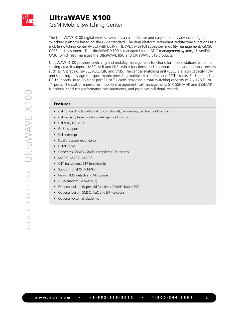 Ultraw a ve x100, Ultrawave x100, Gsm mobile switching center | ADC UltraWAVE X100 User Manual | Page 2 / 4