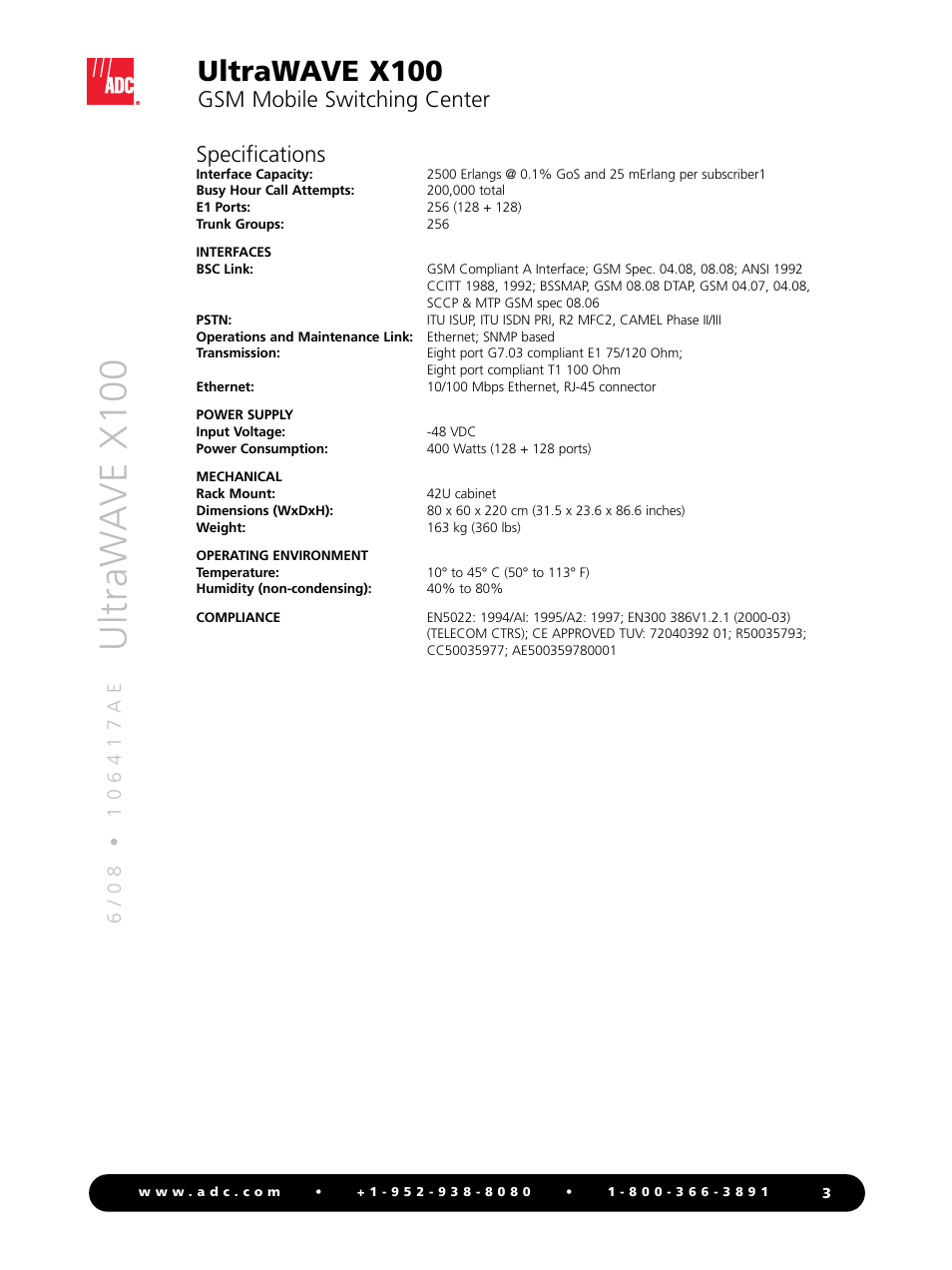 Ultraw a ve x100, Ultrawave x100, Gsm mobile switching center | Specifications | ADC UltraWAVE X100 User Manual | Page 3 / 4