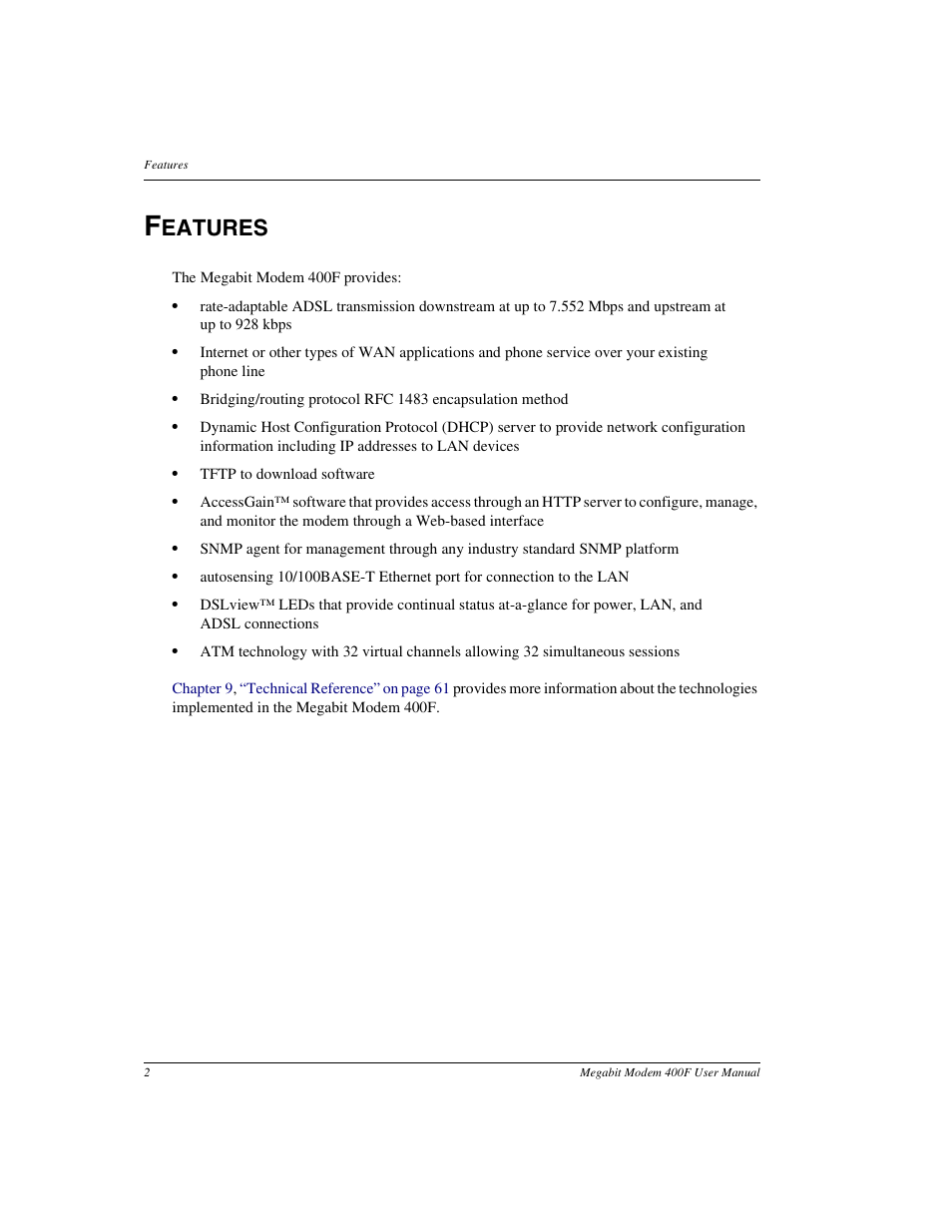 Features, Eatures | ADC 400F User Manual | Page 10 / 114