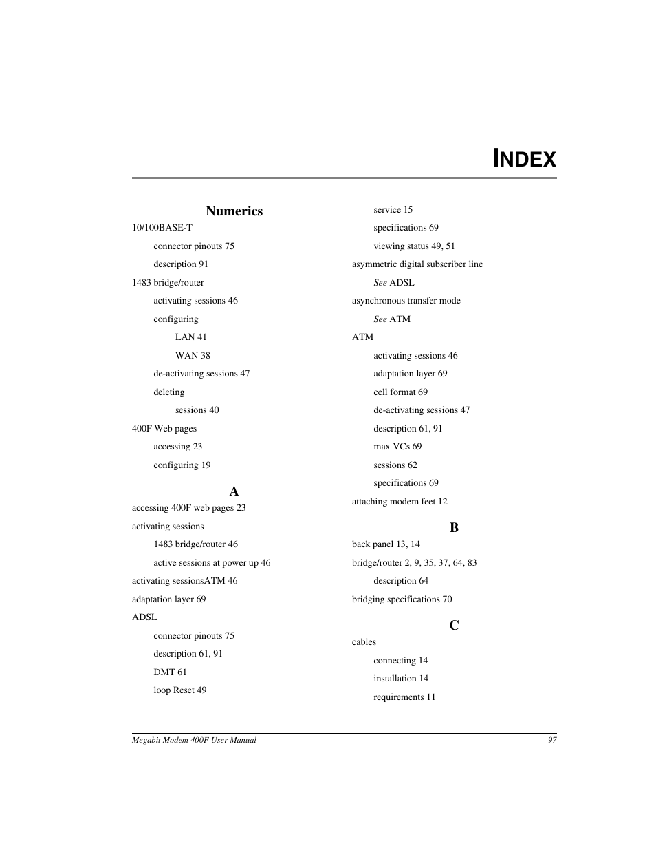 Index, Ndex, Numerics | ADC 400F User Manual | Page 105 / 114