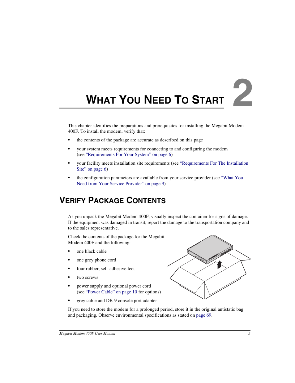 What you need to start, Verify package contents, Chapter 2: what you need to start | Tart | ADC 400F User Manual | Page 13 / 114