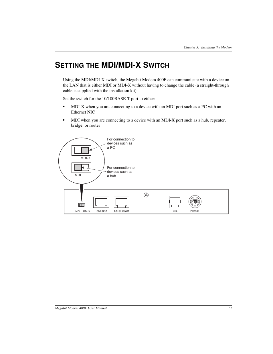 Setting the mdi/mdi-x switch, Mdi/mdi-x s, Etting the | Witch | ADC 400F User Manual | Page 21 / 114