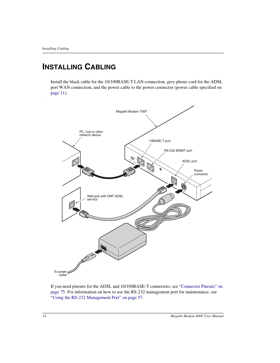 Installing cabling, Nstalling, Abling | ADC 400F User Manual | Page 22 / 114