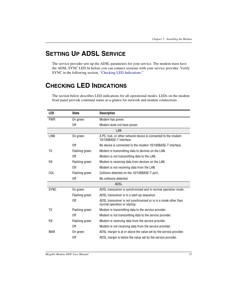 Setting up adsl service, Checking led indications, Adsl s | Led i, Etting, Ervice, Hecking, Ndications | ADC 400F User Manual | Page 23 / 114