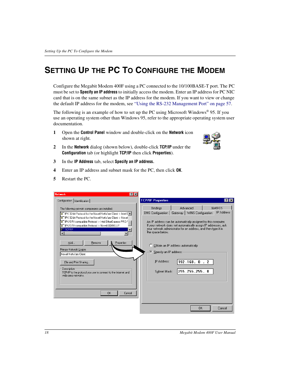 Setting up the pc to configure the modem, Setting up the pc to configure, The modem | Pc t, Etting, P the, Onfigure the, Odem | ADC 400F User Manual | Page 26 / 114