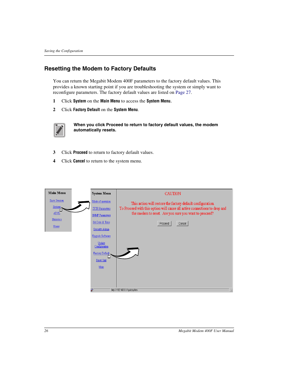Resetting the modem to factory defaults | ADC 400F User Manual | Page 34 / 114
