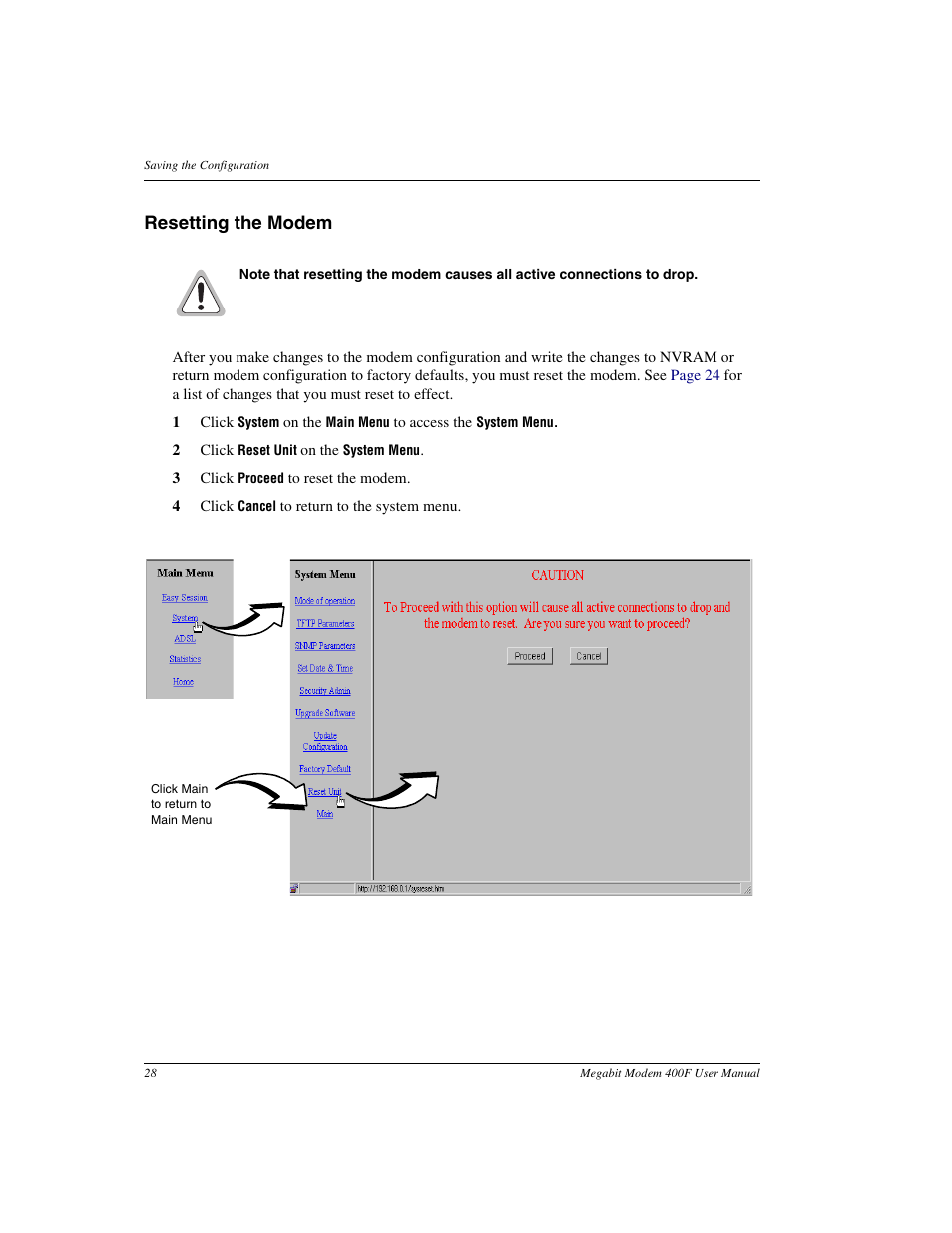 Resetting the modem | ADC 400F User Manual | Page 36 / 114