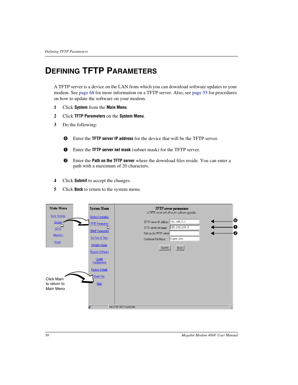 Defining tftp parameters, Tftp p, Efining | Arameters | ADC 400F User Manual | Page 38 / 114