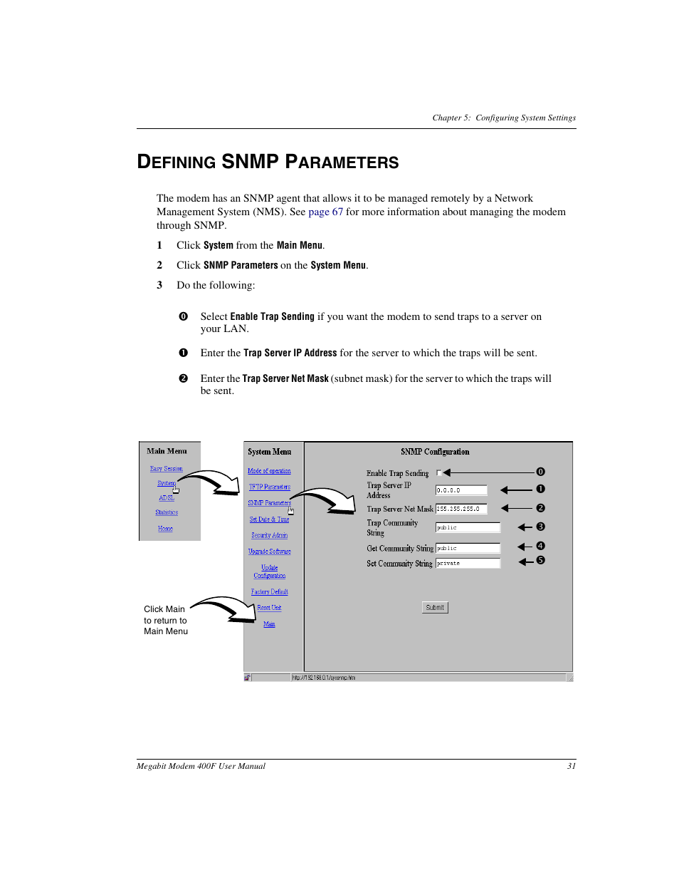 Defining snmp parameters, Snmp p, Efining | Arameters | ADC 400F User Manual | Page 39 / 114