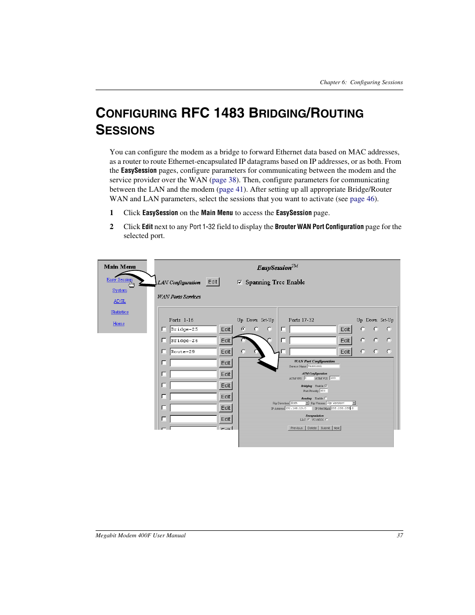 Configuring rfc 1483 bridging/routing sessions, Configuring rfc 1483, Bridging/routing sessions | Rfc 1483 b, Onfiguring, Ridging, Outing, Essions | ADC 400F User Manual | Page 45 / 114