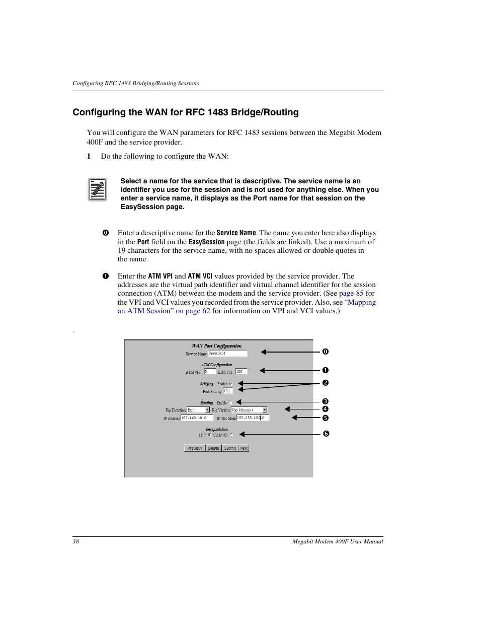 Configuring the wan for rfc 1483 bridge/routing | ADC 400F User Manual | Page 46 / 114