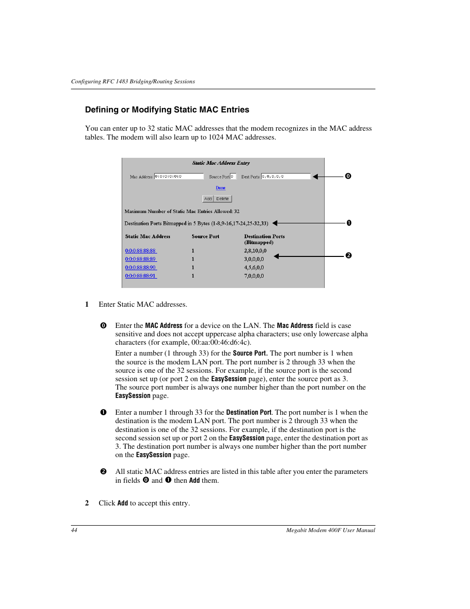 Defining or modifying static mac entries | ADC 400F User Manual | Page 52 / 114