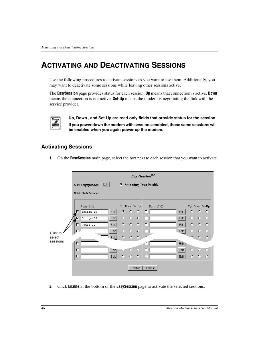 Activating and deactivating sessions, Activating sessions, Ctivating and | Eactivating, Essions | ADC 400F User Manual | Page 54 / 114