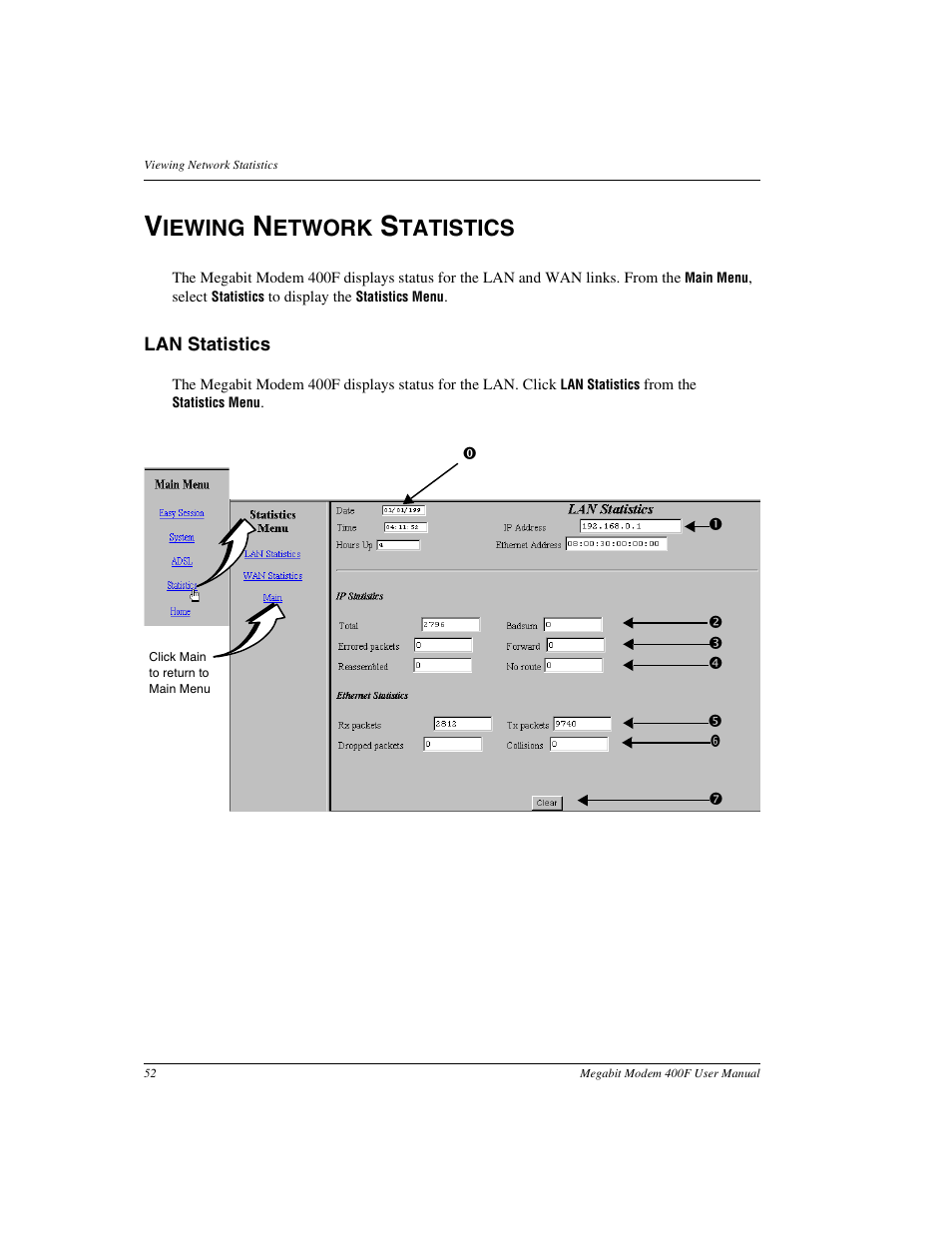 Viewing network statistics, Lan statistics, Iewing | Etwork, Tatistics | ADC 400F User Manual | Page 60 / 114