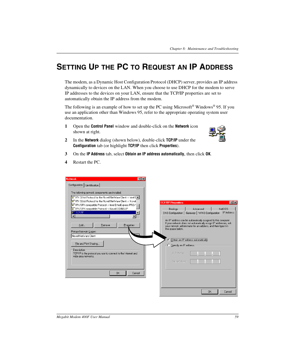 Setting up the pc to request an ip address, Ip a, Etting | P the, Equest an, Ddress | ADC 400F User Manual | Page 67 / 114