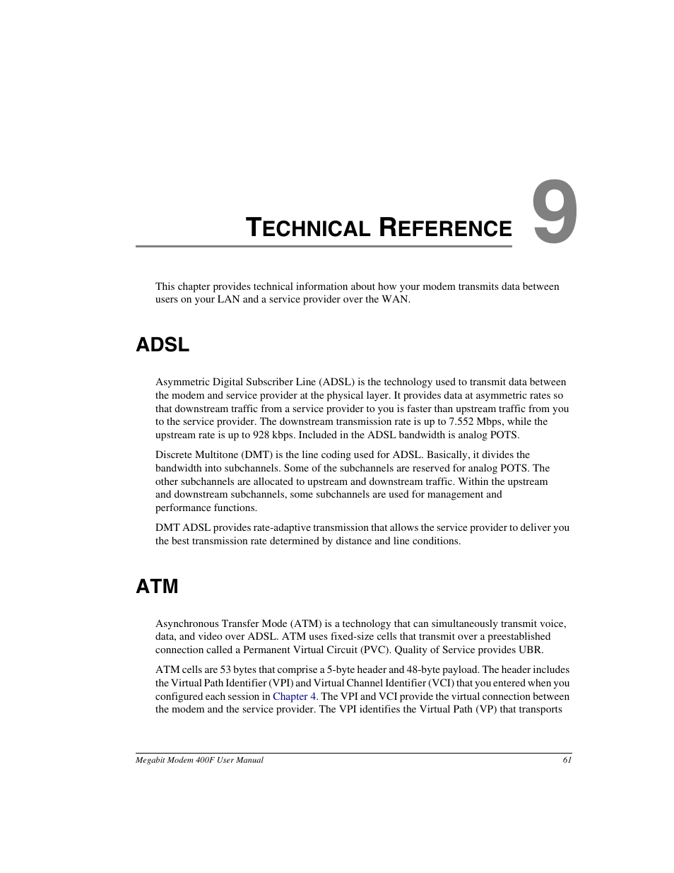 Technical reference, Adsl, Chapter 9 | Technical | ADC 400F User Manual | Page 69 / 114