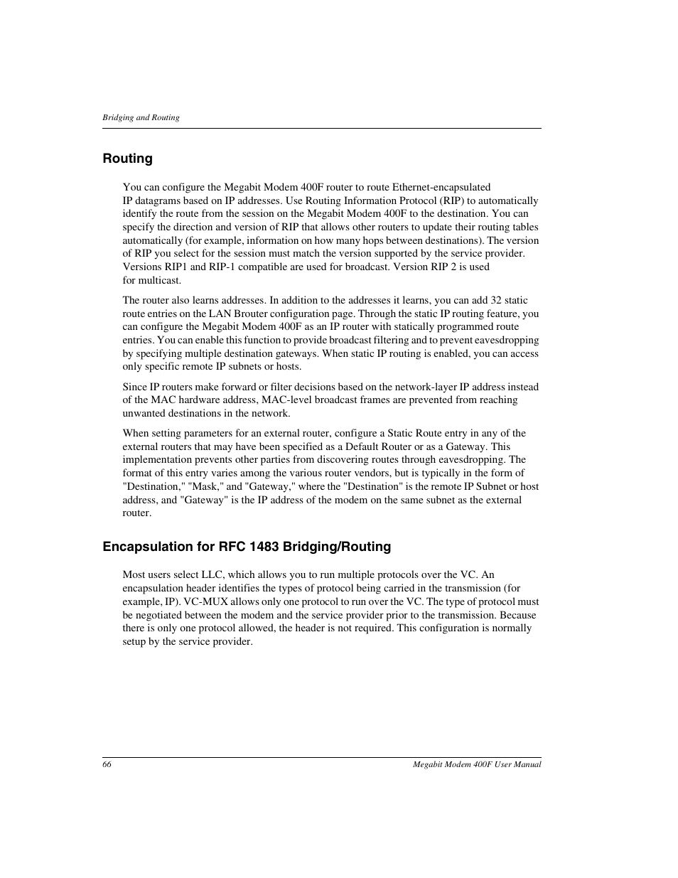 Routing, Encapsulation for rfc 1483 bridging/routing | ADC 400F User Manual | Page 74 / 114