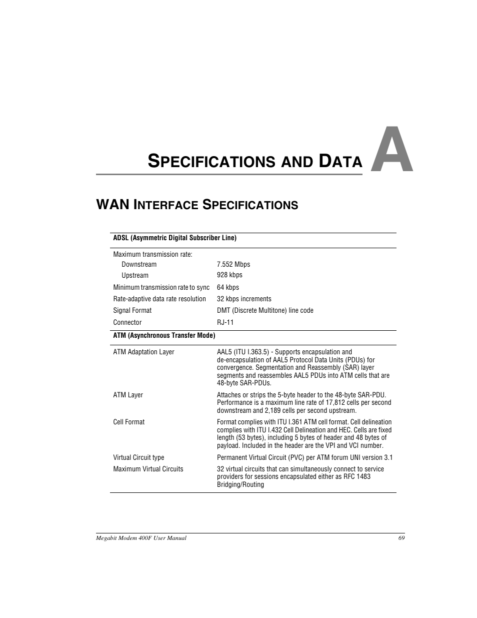 Specifications and data, Wan interface specifications, Appendix a: specifications and data | Pecifications and, Wan i | ADC 400F User Manual | Page 77 / 114