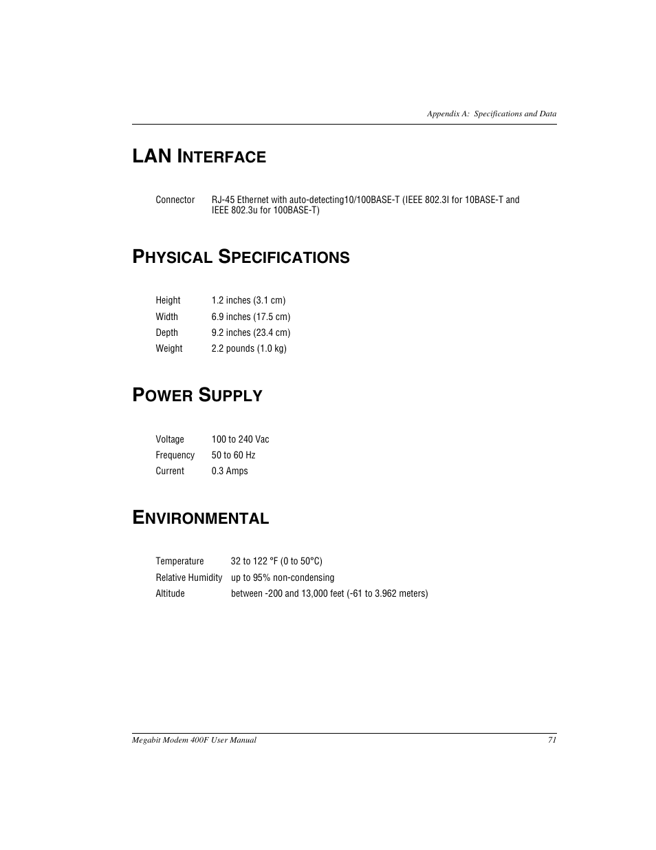 Lan interface, Physical specifications, Power supply | Environmental, Lan i, Nterface, Hysical, Pecifications, Ower, Upply | ADC 400F User Manual | Page 79 / 114