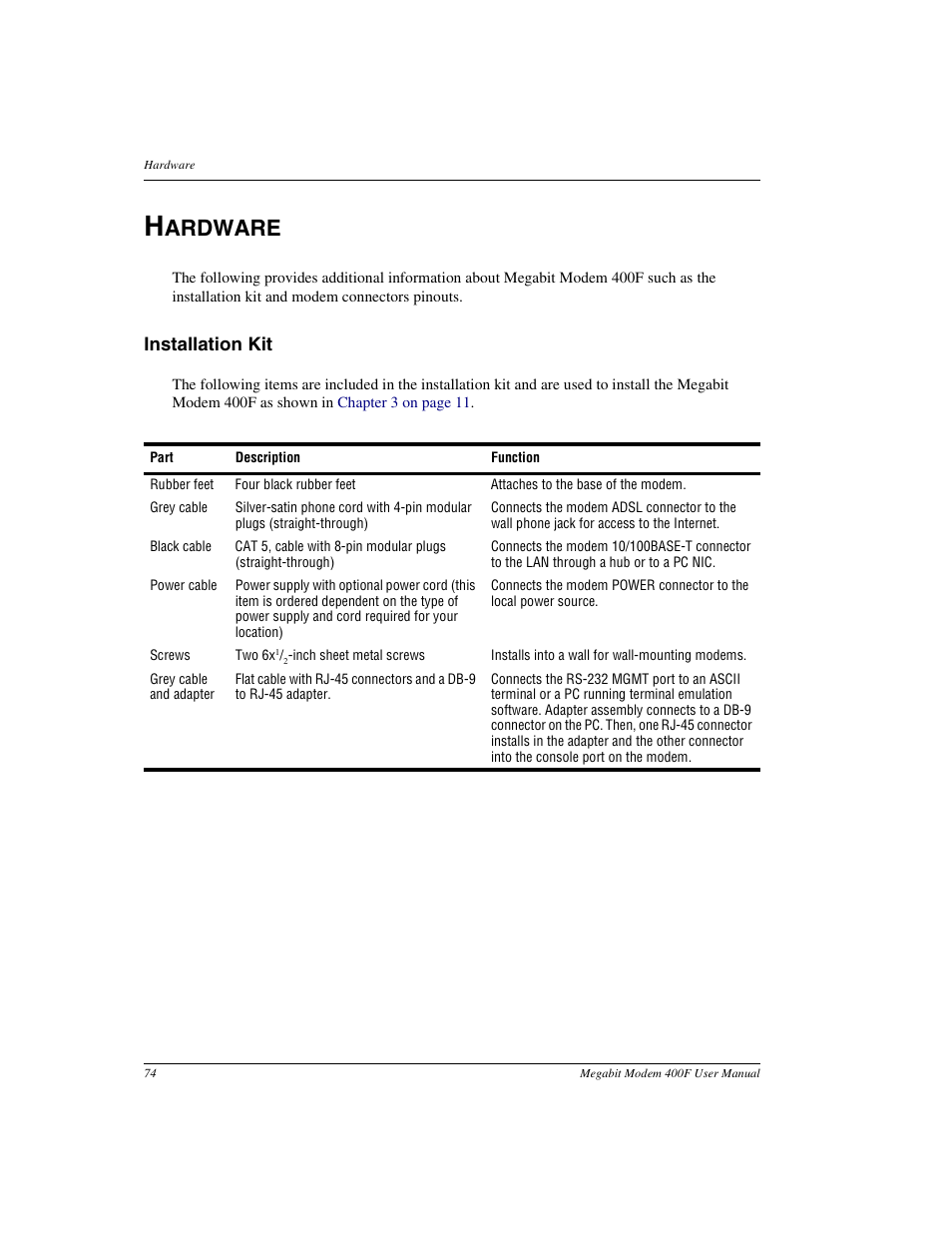 Hardware, Installation kit, Ardware | ADC 400F User Manual | Page 82 / 114