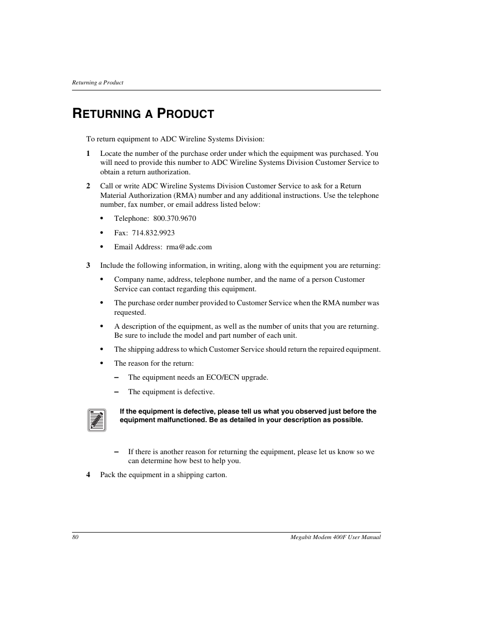 Returning a product, Eturning a, Roduct | ADC 400F User Manual | Page 88 / 114