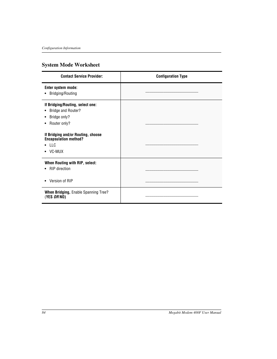 System mode worksheet | ADC 400F User Manual | Page 92 / 114