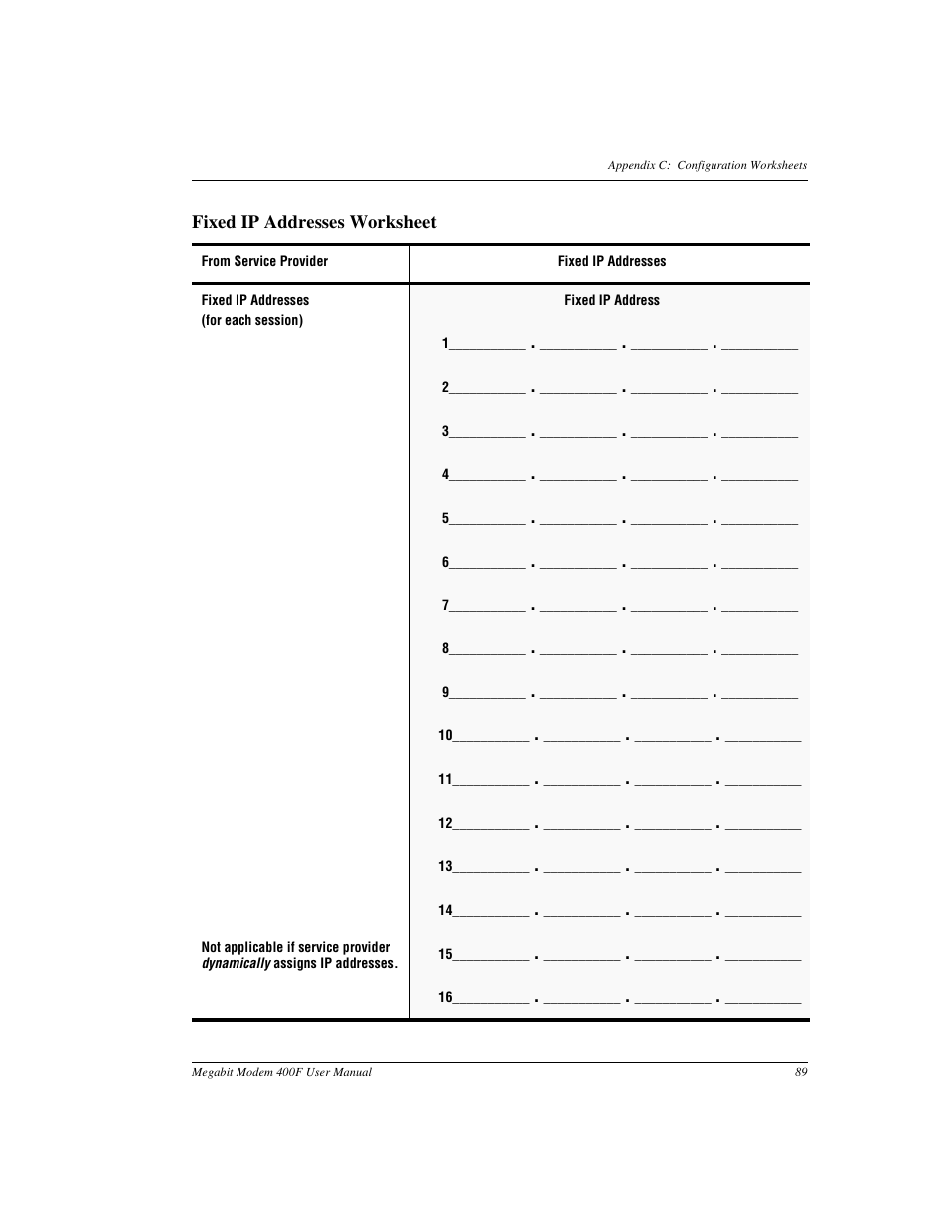Fixed ip addresses worksheet | ADC 400F User Manual | Page 97 / 114