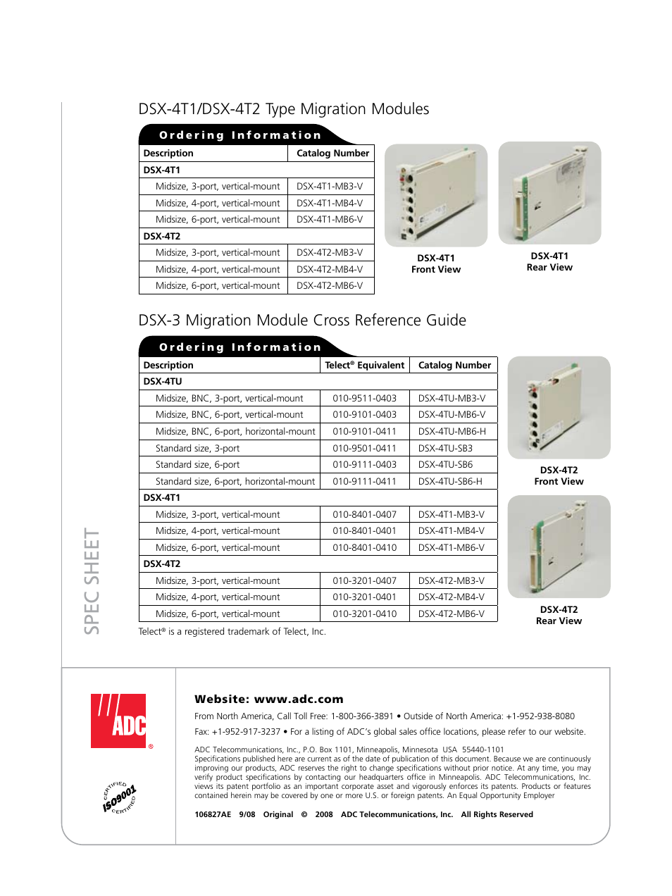 Spec sheet, Dsx-4t1/dsx-4t2 type migration modules, Dsx-3 migration module cross reference guide | ADC Migration Modules DSX-3 User Manual | Page 2 / 2