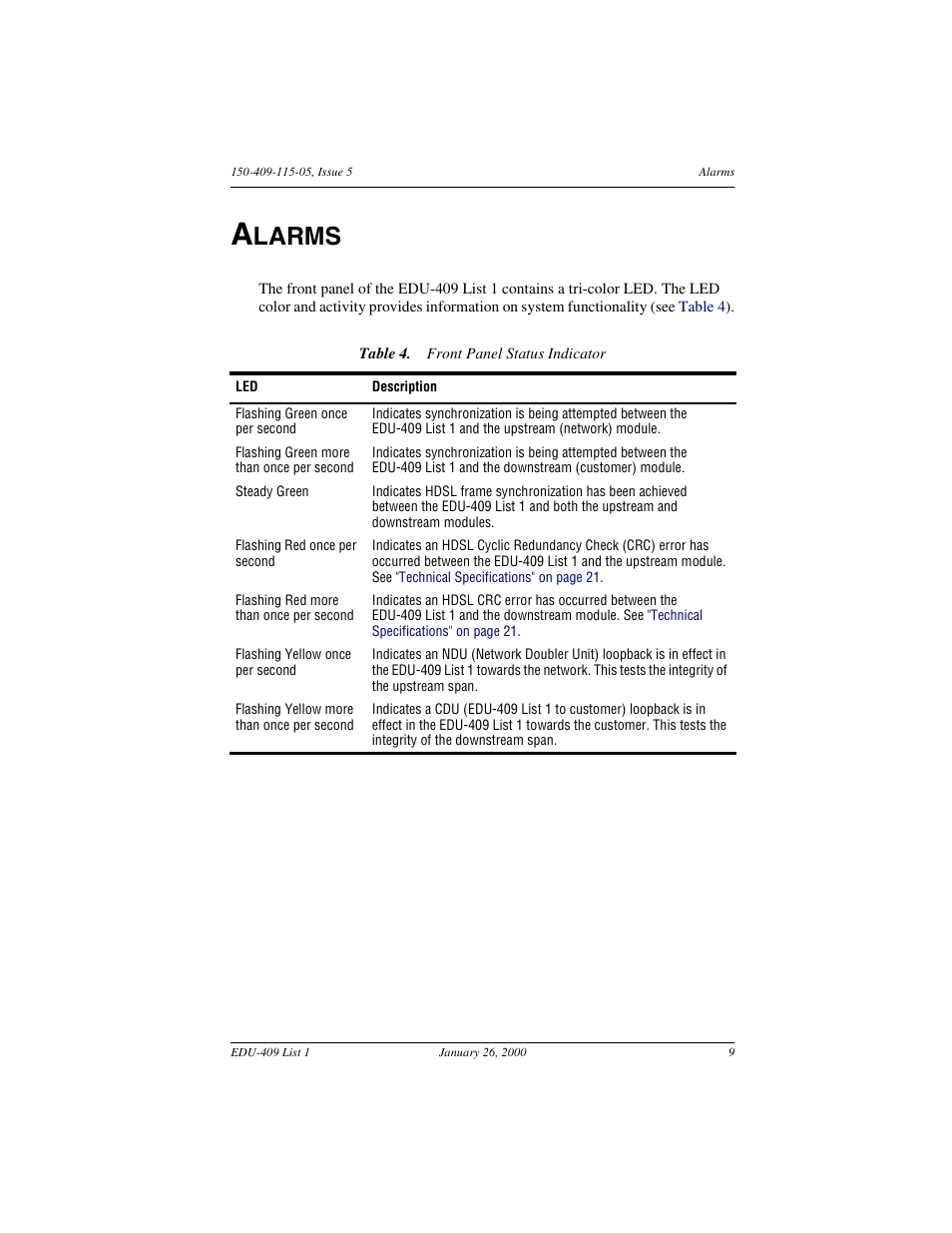 Alarms, Front panel status indicator, Larms | ADC EDU-409 User Manual | Page 15 / 34