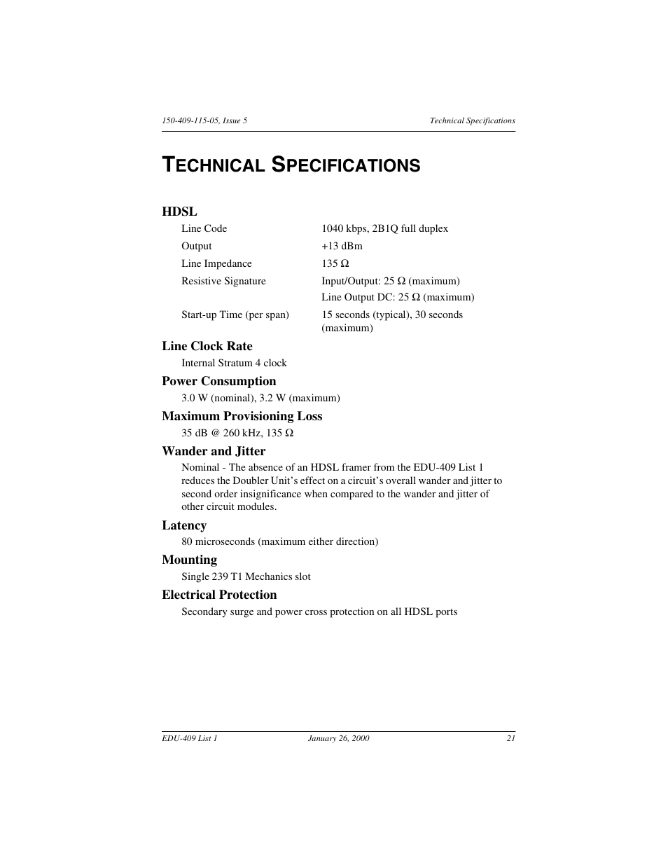 Technical specifications, Technical, Echnical | Pecifications | ADC EDU-409 User Manual | Page 27 / 34