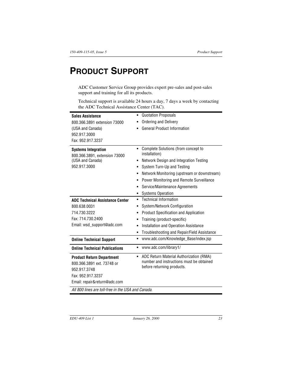 Product support, Roduct, Upport | ADC EDU-409 User Manual | Page 29 / 34