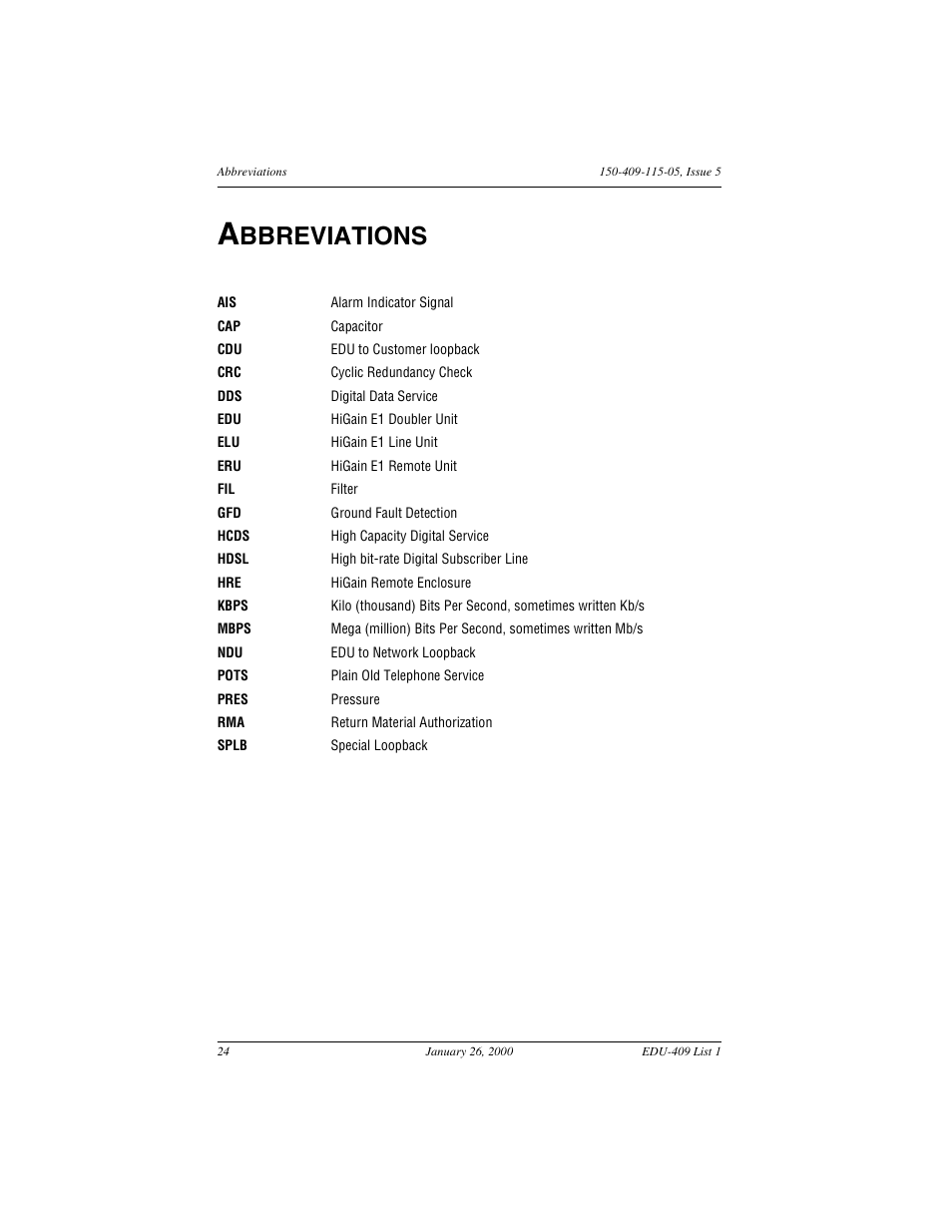 Abbreviations, Bbreviations | ADC EDU-409 User Manual | Page 30 / 34
