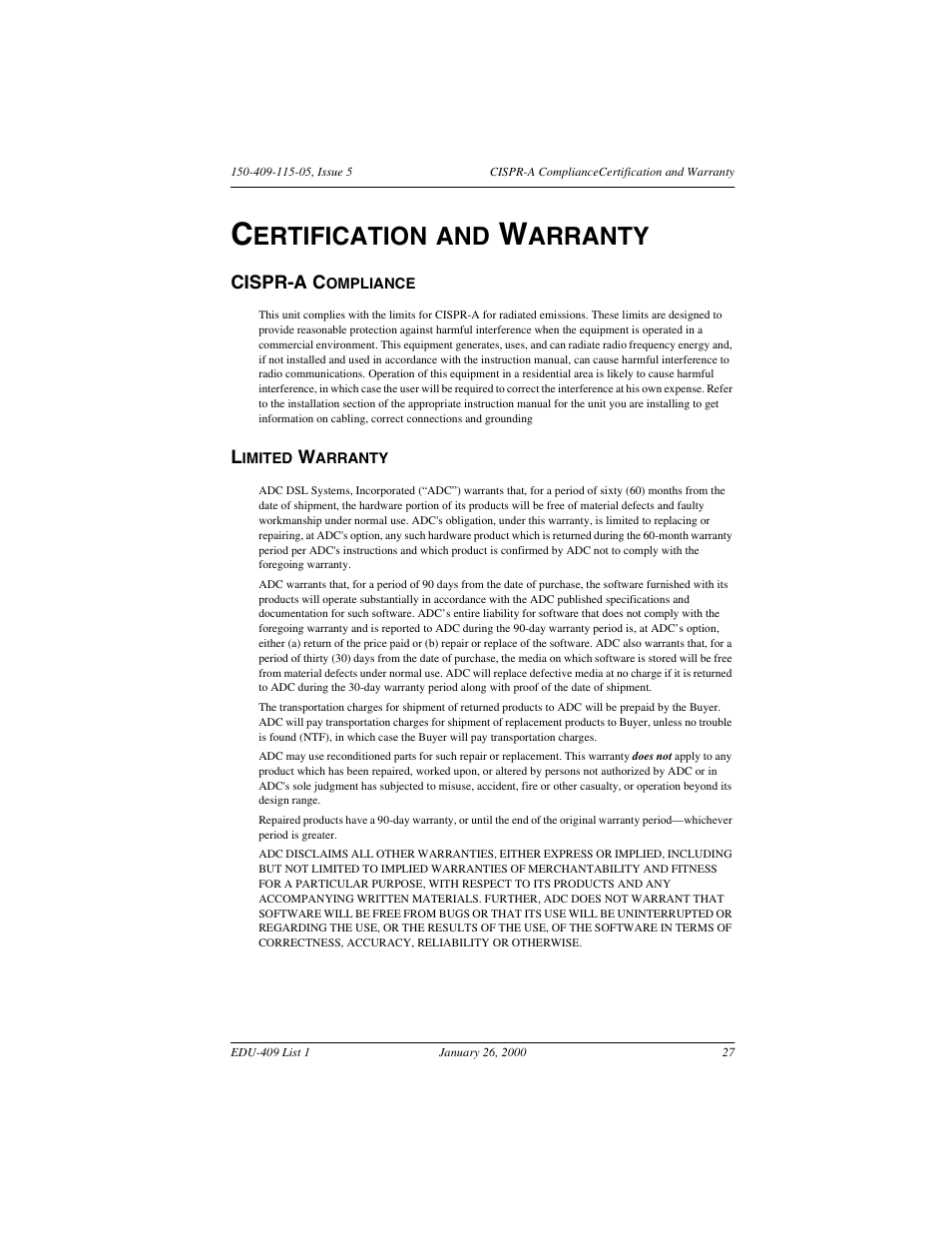 Certification and warranty, Limited warranty, Ertification | Arranty | ADC EDU-409 User Manual | Page 33 / 34