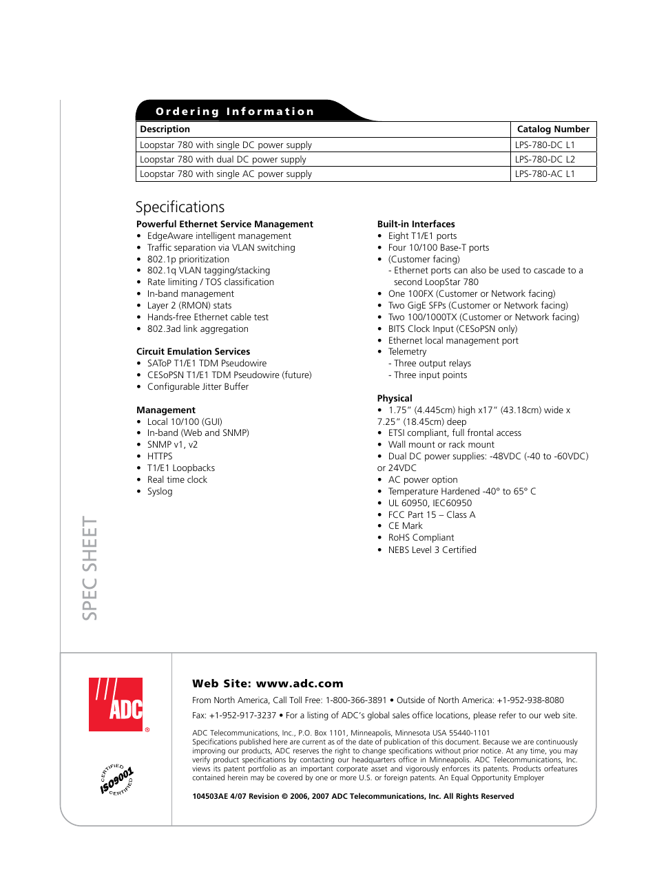 Sp ec s h ee t, Specifications | ADC LoopStar 780 User Manual | Page 2 / 2