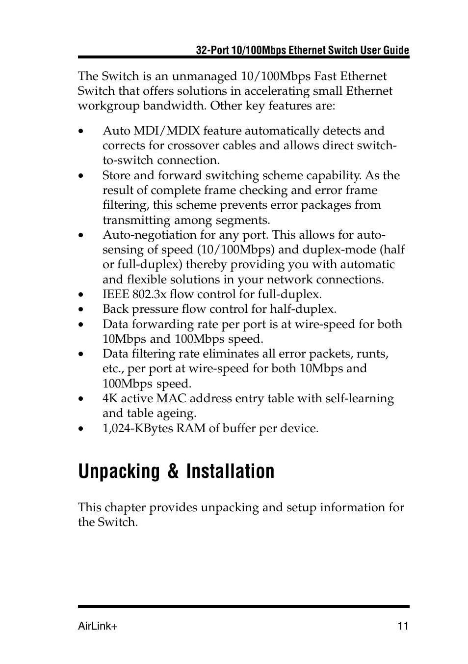 Unpacking & installation | Airlink UG-ASW232-1103 User Manual | Page 11 / 24