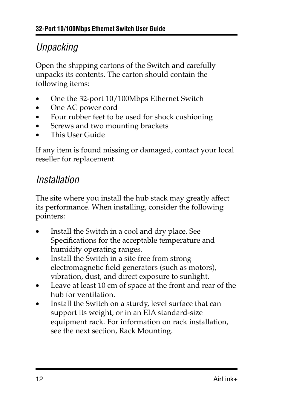 Unpacking, Installation | Airlink UG-ASW232-1103 User Manual | Page 12 / 24