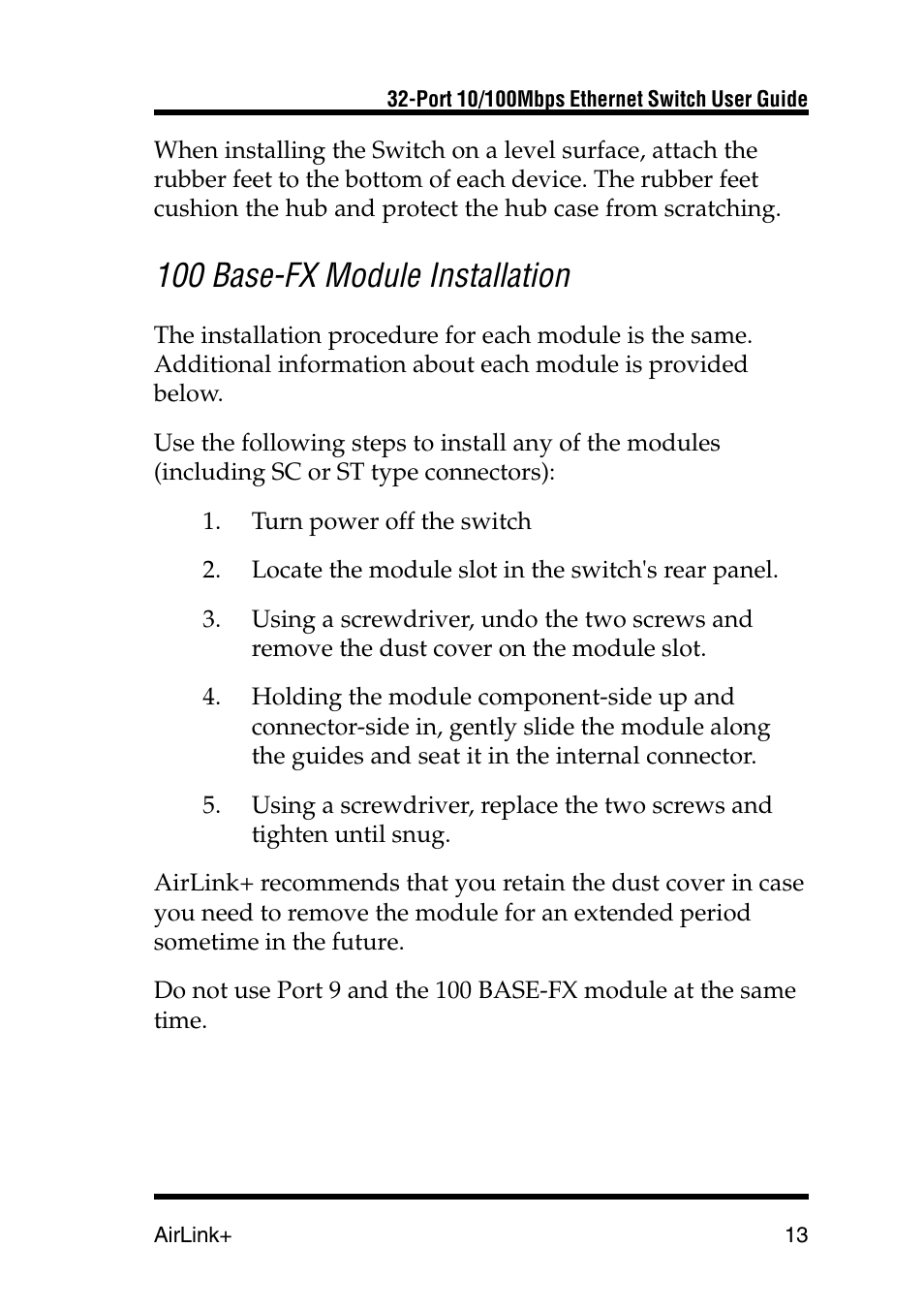 100 base-fx module installation | Airlink UG-ASW232-1103 User Manual | Page 13 / 24