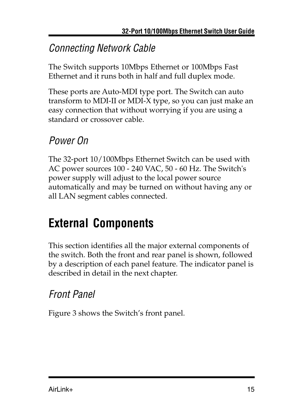 External components, Connecting network cable, Power on | Front panel | Airlink UG-ASW232-1103 User Manual | Page 15 / 24