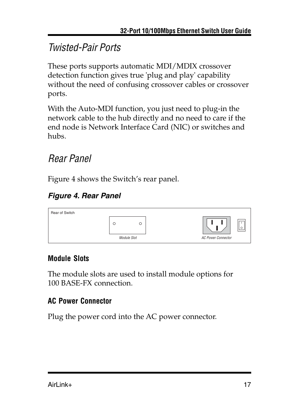Twisted-pair ports, Rear panel, Figure 4 shows the switch’s rear panel | Airlink UG-ASW232-1103 User Manual | Page 17 / 24
