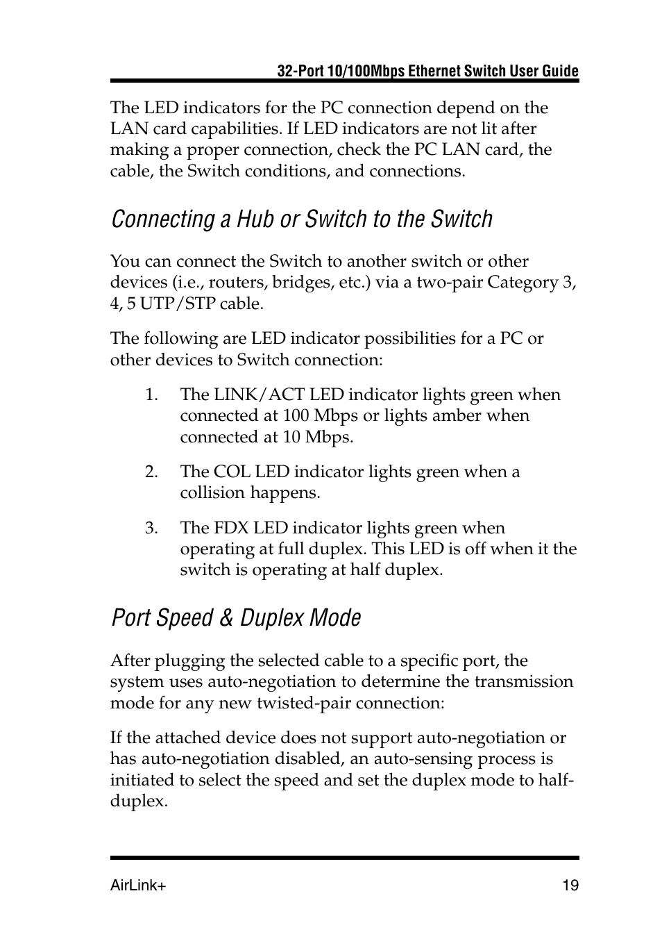Connecting a hub or switch to the switch, Port speed & duplex mode | Airlink UG-ASW232-1103 User Manual | Page 19 / 24