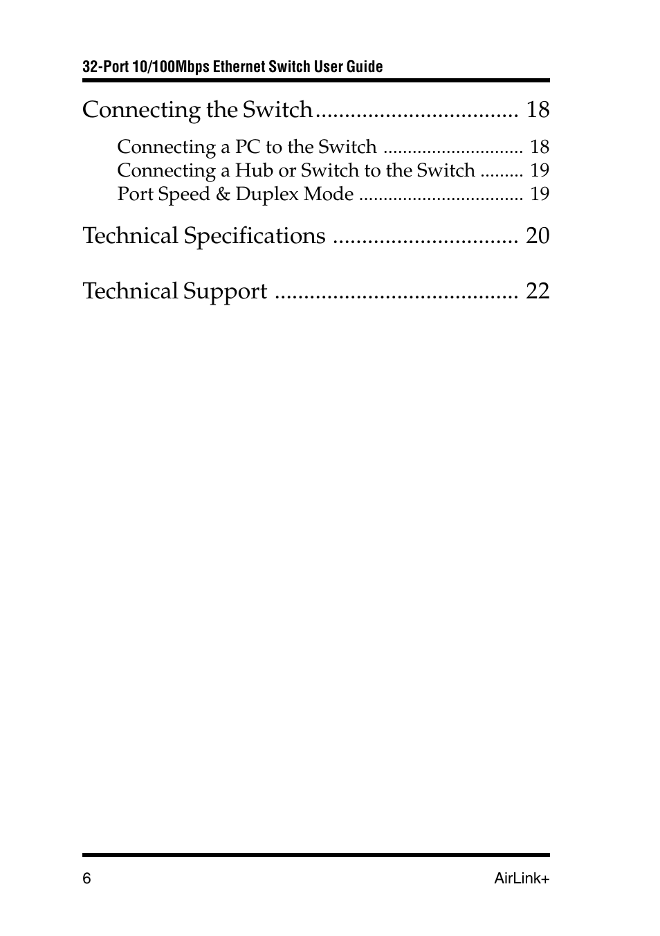 Connecting the switch, Technical specifications technical support | Airlink UG-ASW232-1103 User Manual | Page 6 / 24