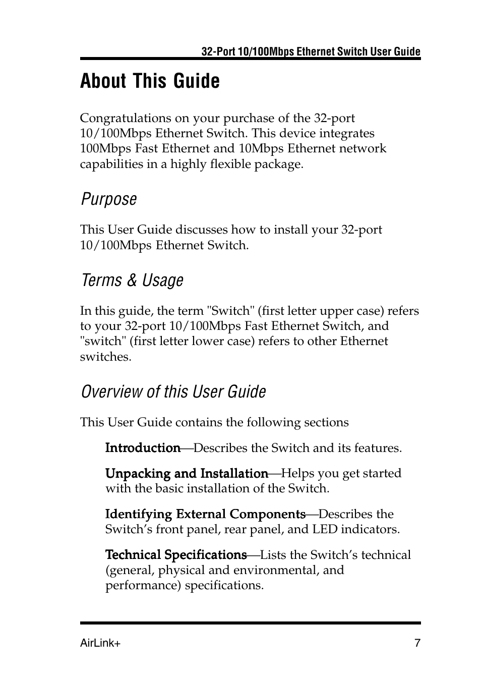About this guide, Purpose, Terms & usage | Overview of this user guide | Airlink UG-ASW232-1103 User Manual | Page 7 / 24
