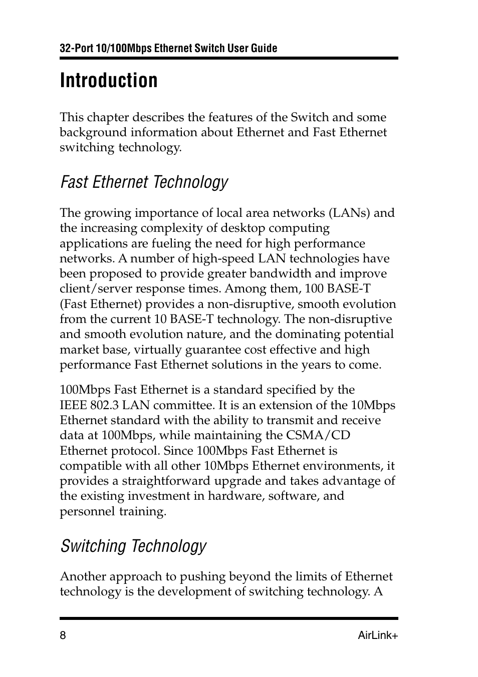 Introduction, Fast ethernet technology, Switching technology | Airlink UG-ASW232-1103 User Manual | Page 8 / 24