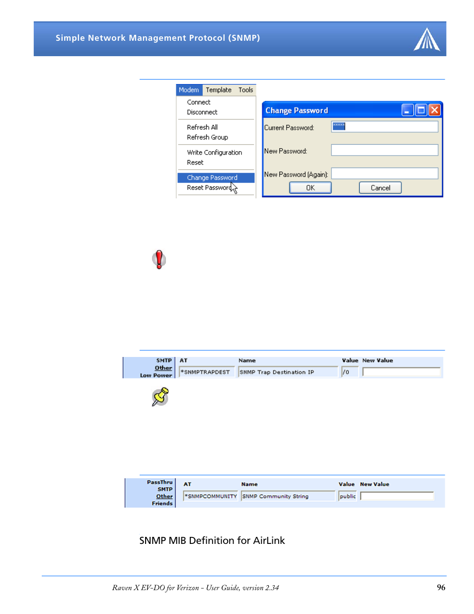 Trap destination, Community string, Snmp mib definition for airlink | Trap destination community string | Airlink X EV-DO User Manual | Page 102 / 145