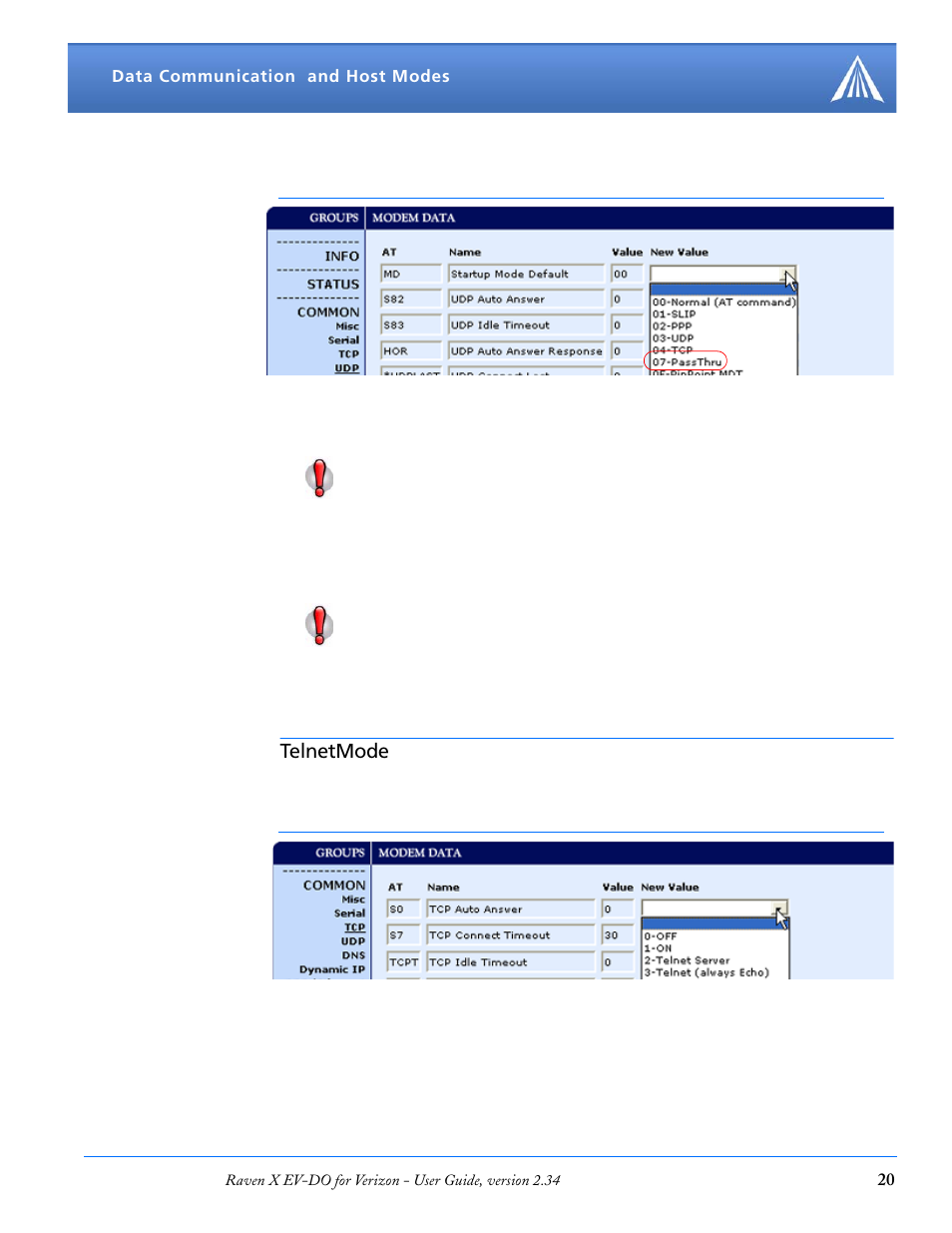 Telnetmode | Airlink X EV-DO User Manual | Page 26 / 145