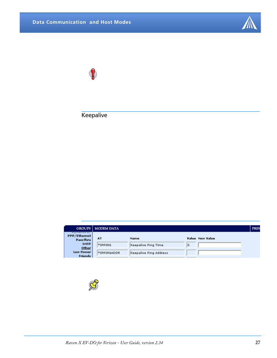 Keepalive, Configuring keepalive | Airlink X EV-DO User Manual | Page 33 / 145
