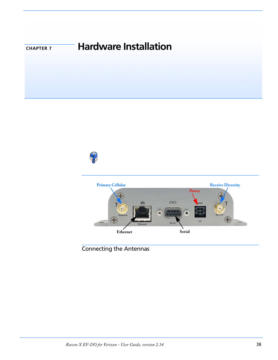 Chapter 7 hardware installation, Connecting the antennas, Hardware installation | Airlink X EV-DO User Manual | Page 44 / 145