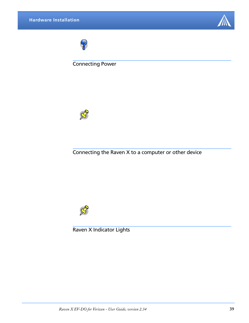 Connecting power, Raven x indicator lights | Airlink X EV-DO User Manual | Page 45 / 145