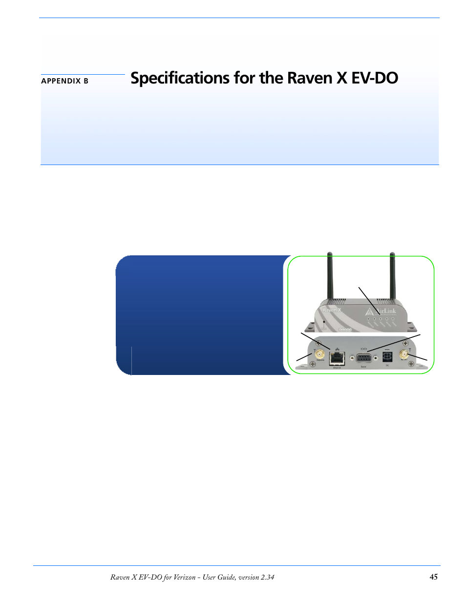 Appendix b specifications for the raven x ev-do, Physical characteristics, Specifications for the raven x ev-do | Airlink X EV-DO User Manual | Page 51 / 145